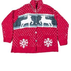 Limited Hand Knit Cowichan 100% Wool Deer Fair Isle Cardigan Sweater